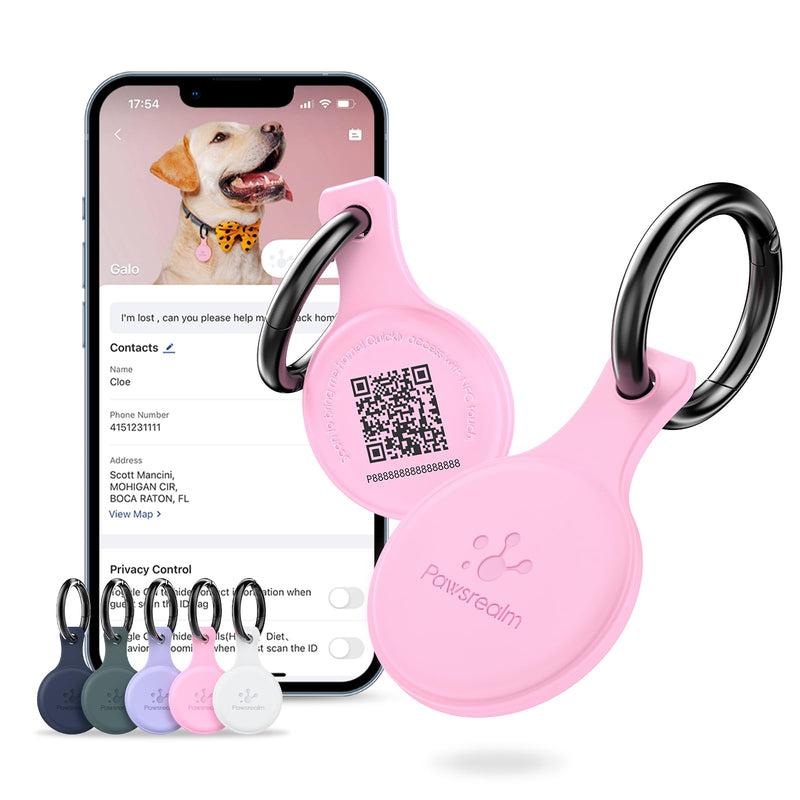 PawsRealm NFC & QR Code Pet ID Tag, Silicone Silent Dog Tag, Cat Name Tag, Personalized Customized Dog Tag, Modifiable Pet Online Profile, Instant Pet Location Alert Email, Anti-Lost Function (1PCS) Pink - PawsPlanet Australia