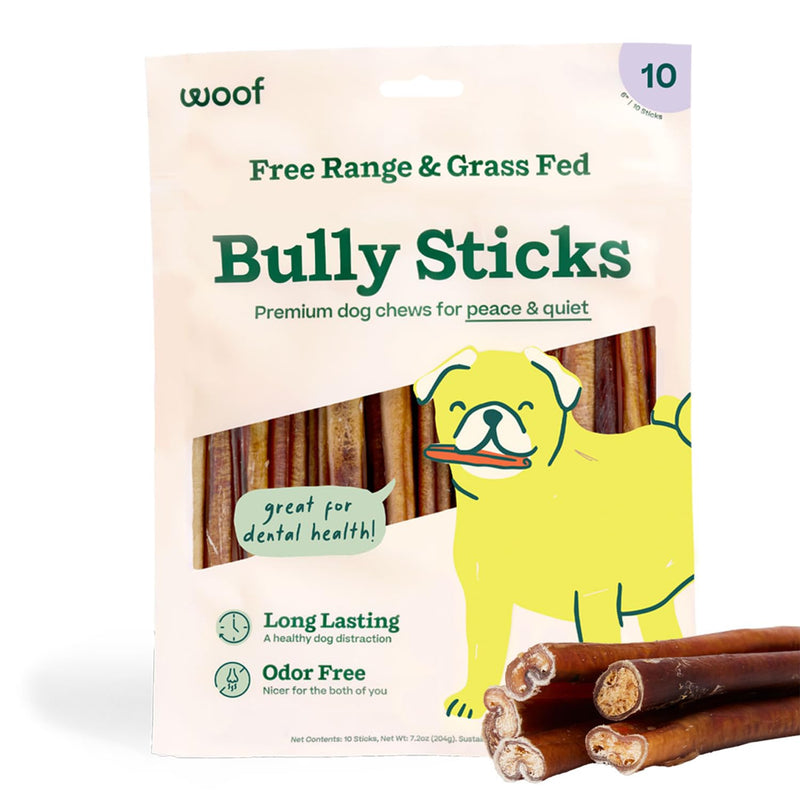 WOOF Bully Sticks - Chew Sticks for Dogs - Long-Lasting Dog Products - Made with Free-Range, Grass-Fed Beef - 6" Sticks - 10pk 6 Inch (Pack of 10) - PawsPlanet Australia