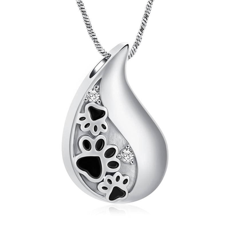 Yinplsmemory Pet Paw Print Teardrop Urn Necklace for Ashes for Dog/Cat Ashes Keepsake Memorial Cremation Pendant Jewelry for Pet Silver - PawsPlanet Australia