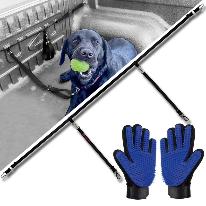 Pudello Way Two Dog Truck Bed Cross Tether - Canine Tie Down System - Adjustable Double Safety Leash for Car, SUV or Truck Bed for Dogs - Includes Pair of Pet Grooming Gloves - PawsPlanet Australia