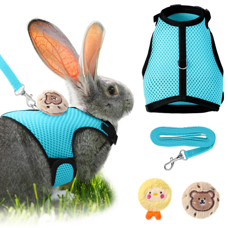Bunnycool Rabbit Harness and Leash Set with 2 Cute Decorations Soft Adjustable Buckle Breathable Mesh Vest Harness for Rabbits Ferret Small Pig Puppy Walking Supplies(Light Blue, Lively Pattern) Light Blue - PawsPlanet Australia