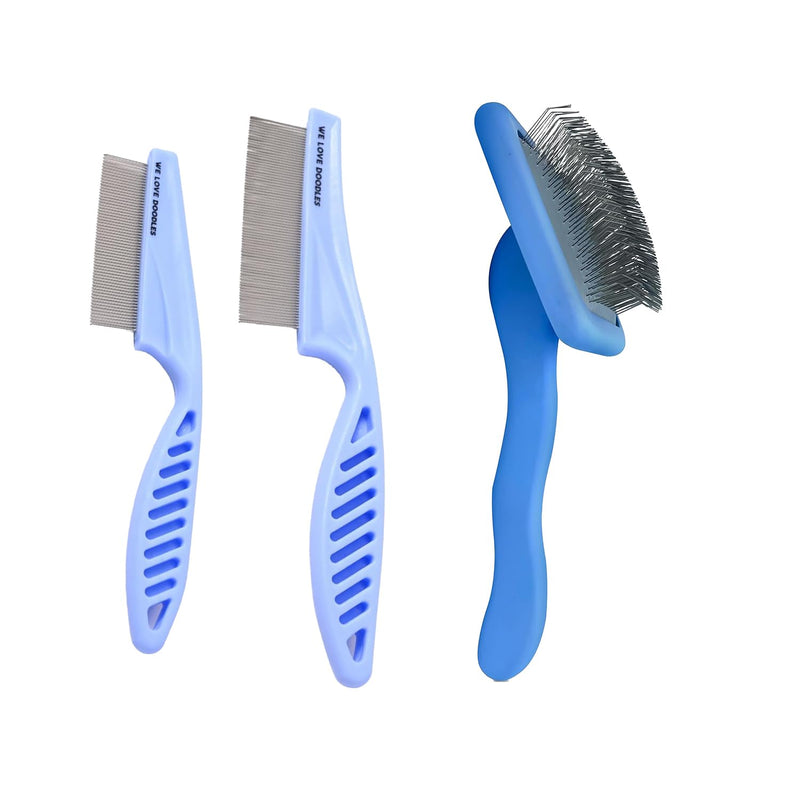 We Love Doodles Large and Small Dog Face Grooming Comb and Large Slicker Brush Bundle - Tear Stain Remover For Dog Eye Boogers - Long Pin Brush For Dematting - Pet Eye Brush - Made in USA - PawsPlanet Australia