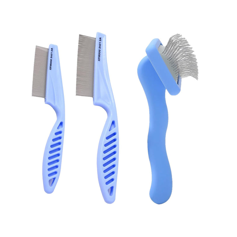 We Love Doodles Large and Small Dog Face Grooming Comb and Small Slicker Brush Bundle - Tear Stain Remover For Dog Eye Boogers - Long Pin Brush For Dematting - Pet Eye Brush - Made in USA - PawsPlanet Australia