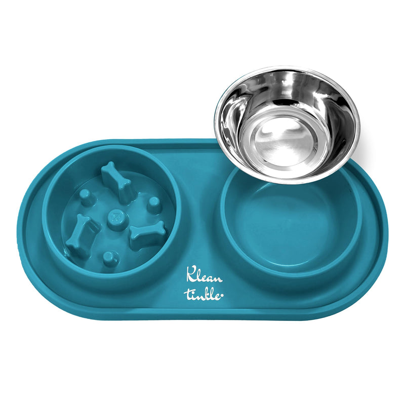 Pets Dog Bowl Set - Anti Skid Removable Double Slow Feeder Dog Bowls with Non Skid Silicone Mat - Stainless Steel Dog Water Bowl for Cats & Pets –A Beautiful Dirty Blue Color - PawsPlanet Australia