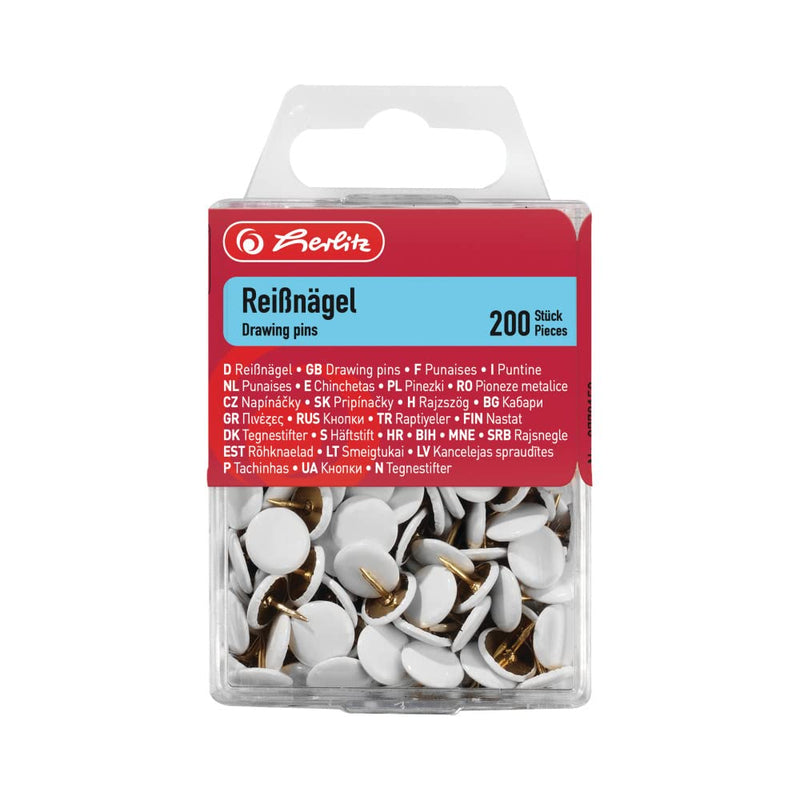 Herlitz round tacks, plastic-coated metal, 200 pieces in hanging box, white - PawsPlanet Australia