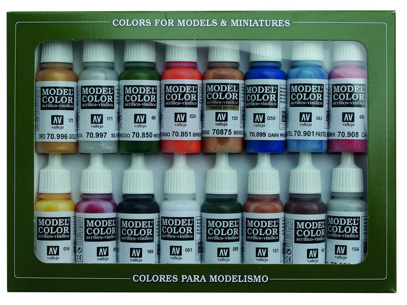 Vallejo, acrylic, 070101 color set, Folkstone Basics, 16 x 17 ml, beige/blue/brown/gold/green/grey/orange/red/silver/yellow - PawsPlanet Australia