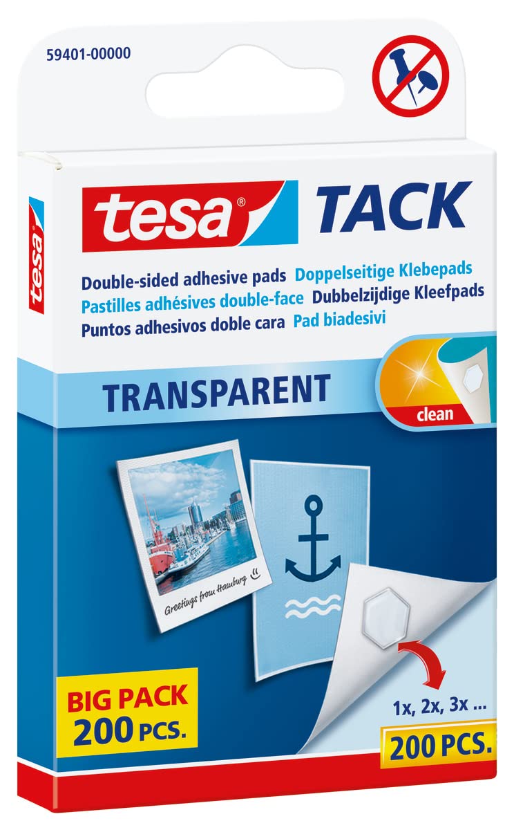 tesa double-sided adhesive pads TACK / Transparent adhesive strips for hanging on walls, windows and mirrors / 1 x 200 pads 200 pieces - PawsPlanet Australia