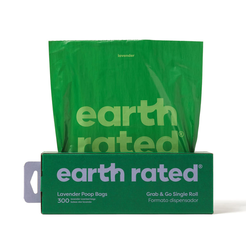 Earth Rated Dog Poop Bags, New Look, Thick Grab & Go Single Roll, Ideal for Collecting in the Garden, Lavender Scent, 300 Bags Lavender - PawsPlanet Australia