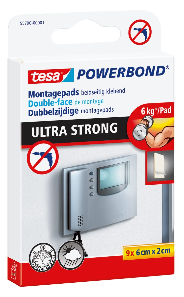 tesa Powerbond Ultra Strong adhesive pads / double-sided pads for installation indoors and protected outdoor areas - ultra-strong adhesive on both sides / packaging with 9 pads single - PawsPlanet Australia