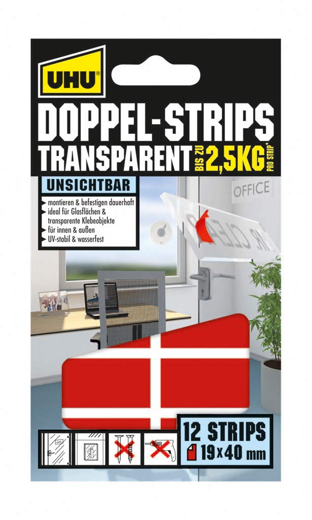 UHU double strips transparent, transparent double-sided adhesive and mounting strips, 12 strips double strips transparent single - PawsPlanet Australia