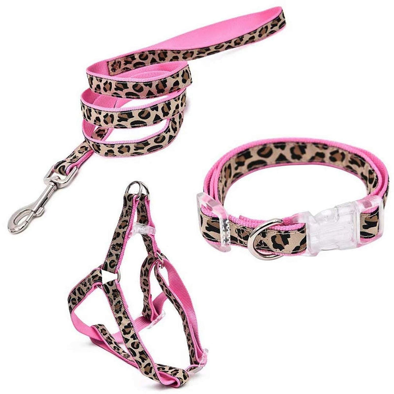 PAWZ Road Dog Harness Dog Leash Puppy Collar 3 Chest Strap Set Adaptable Leopard Pattern for Small and Medium Pink/MM - PawsPlanet Australia