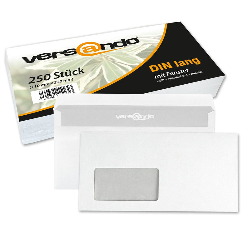 versando 250 window envelopes DIN long, 22 x 11 cm, white, with window, self-adhesive, envelopes, pack of 250 - PawsPlanet Australia
