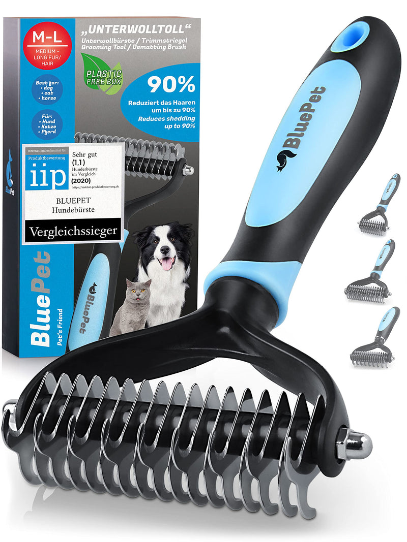 BluePet UnterwollToll dog brush & cat brush for long hair | Undercoat comb removes undercoat & tangles | Massage effect & top hair protection | Fur brush BESTSELLER size ML Blue - PawsPlanet Australia