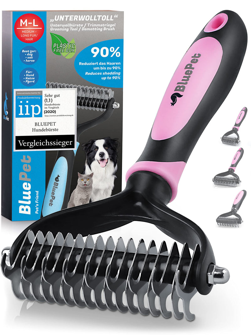 BluePet UnterwollToll dog brush & cat brush for long hair | Undercoat comb removes undercoat & tangles | Massage effect & top hair protection | Fur brush size ML pink - PawsPlanet Australia