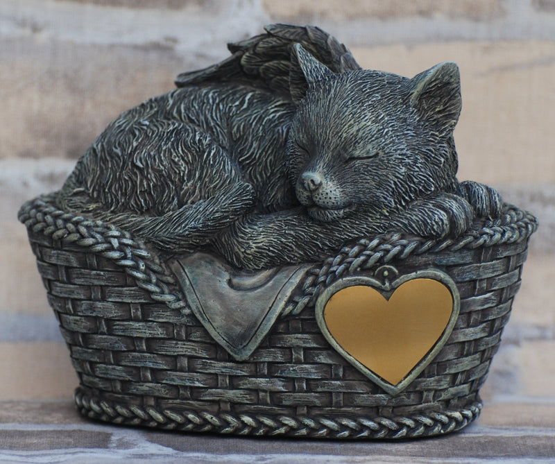 Cat urn gray as a cat angel figure and engraving plate, animal urn - PawsPlanet Australia