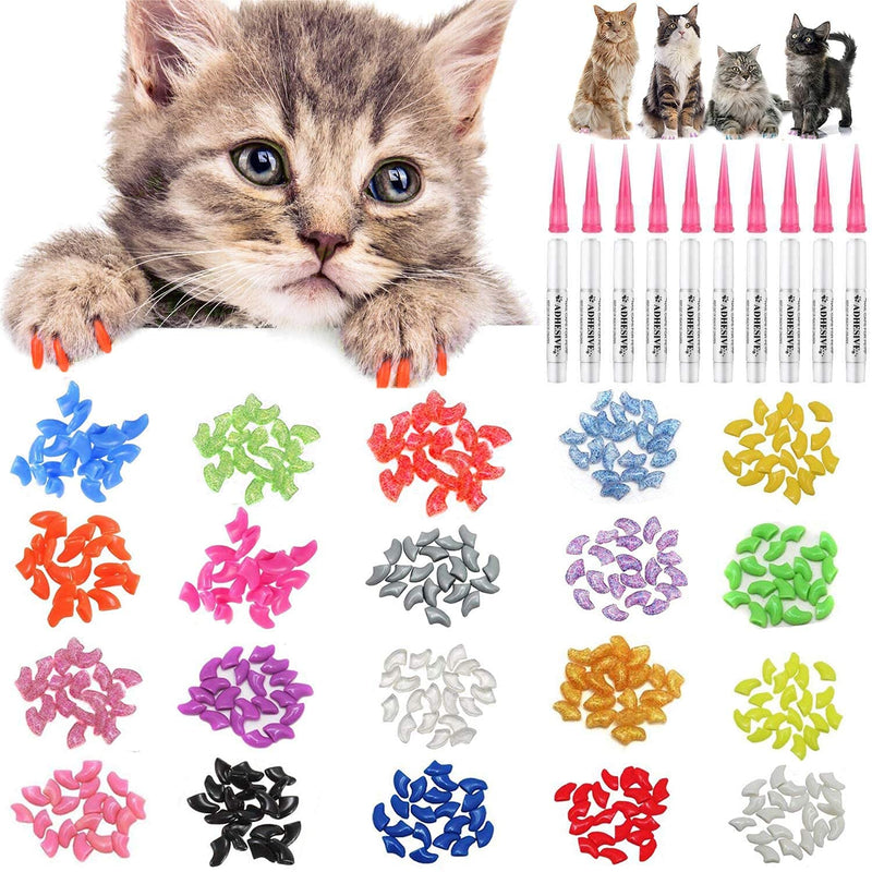 JOYJULY 100pcs Soft Pet Cat Kitten Claw Nail Covers Caps Control Soft Paw of 5 Different Colors Random+5 Adhesive Glue, Size M - PawsPlanet Australia