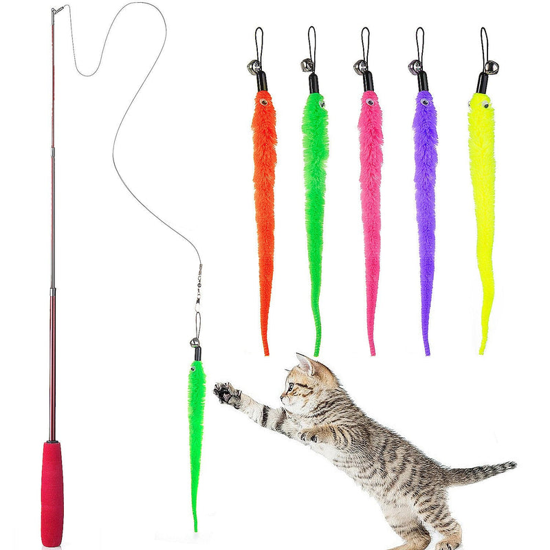 Diealles Interactive Cat Toy, Retractable Natural Feather Rod Cat Toy with 5 Cat Fishing Rod Replacement Worm Cat Toy - PawsPlanet Australia