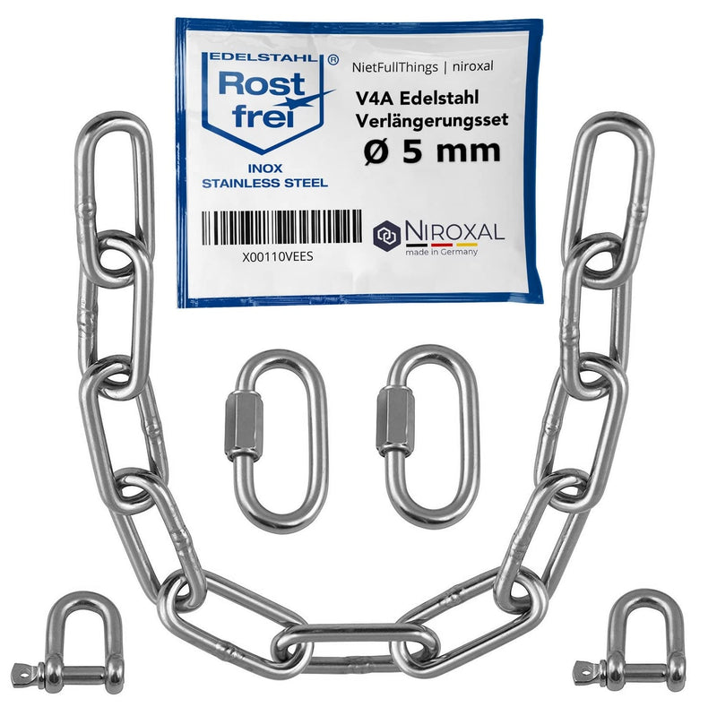 NietFullThings 5 mm extension chain made of stainless steel breaking load max 900 kg with screw connector and shackle made of V4A fastening set for hanging punch bag hammock hammock chair 5 mm | Chain length: 150 cm = 1.5 meters 1 extension set - PawsPlanet Australia