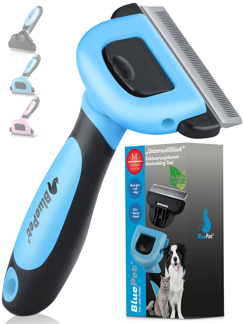 BluePet "UnterwollGlück" - Up to 90% less loose hair - Short hair dogs & cats brush ideal for changing fur - Removal of the undercoat & care of the top hair Blue - PawsPlanet Australia