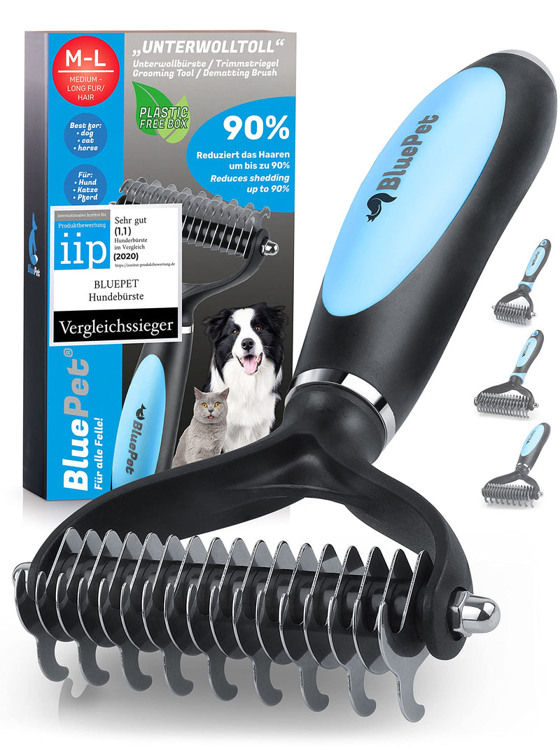 BluePet UnterwollToll dog brush & cat brush for long hair | Undercoat comb removes undercoat & tangles | Massage effect & top hair protection | Fur brush size ML 2.0 blue - PawsPlanet Australia