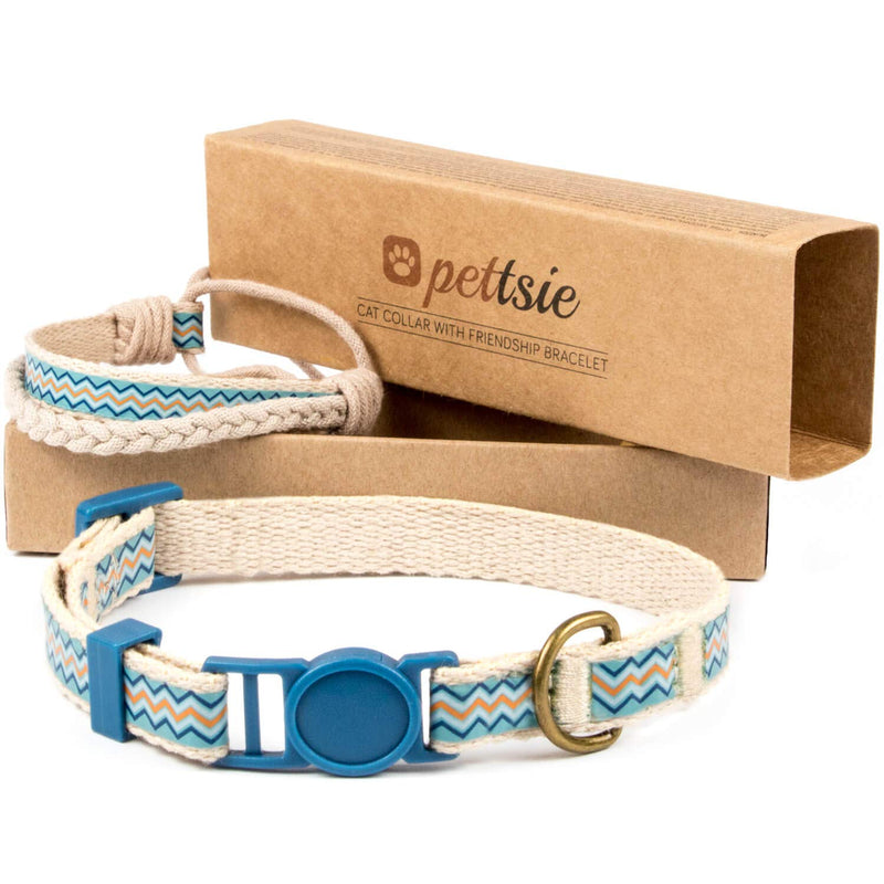 Pettsie Cat Collar with Safety Clasp and Friendship Bracelet for Her, Strong Cotton, D-Ring for Accessories, Adjustable Size 19-29cm, Blue 19-29cm - PawsPlanet Australia