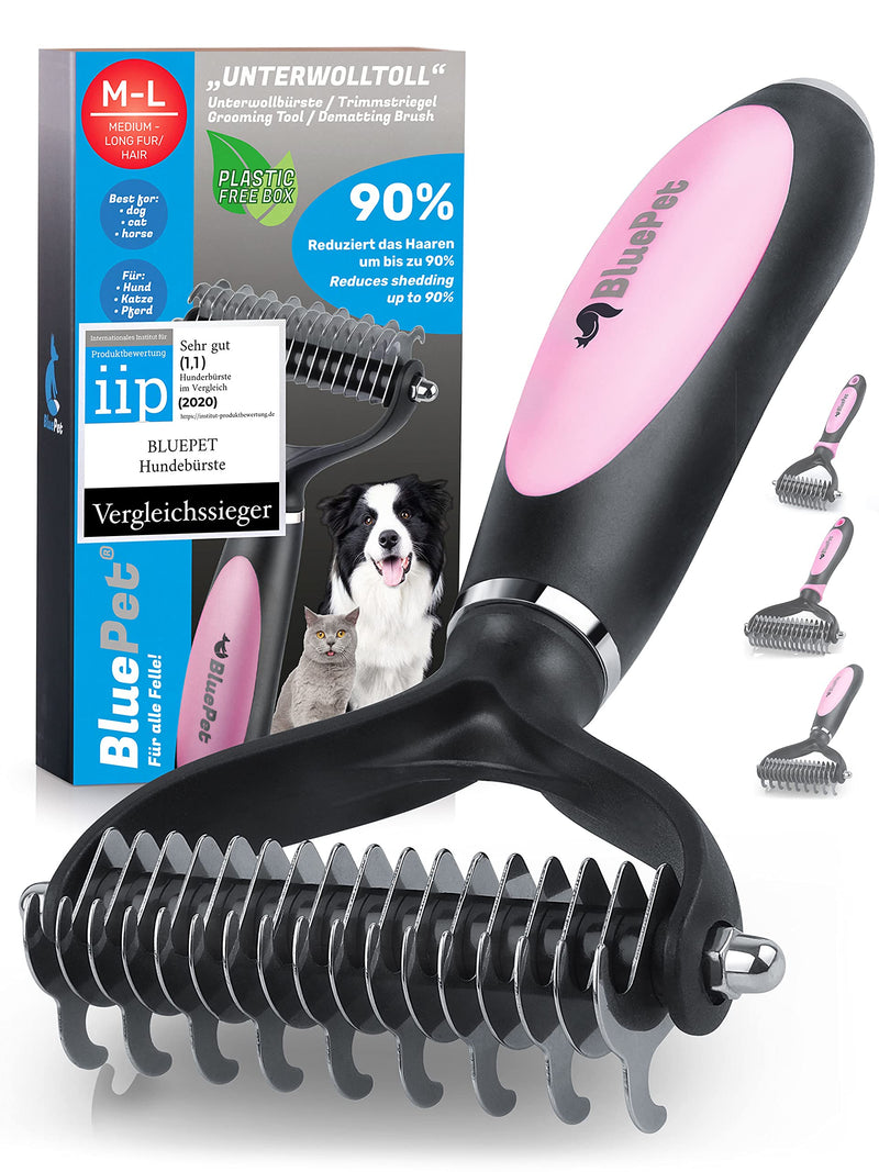 BluePet UnterwollToll dog brush & cat brush for long hair | Undercoat comb removes undercoat & tangles | Massage effect & top hair protection | Fur brush size ML 2.0 pink - PawsPlanet Australia