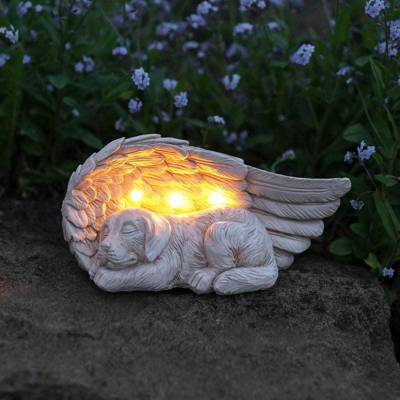 Festive Lights Tastefully and lovingly designed memorial stone with solar-powered LED lighting - including batteries, integrated solar panels and twilight switch, (angel wings with dog) angel wings with dog - PawsPlanet Australia