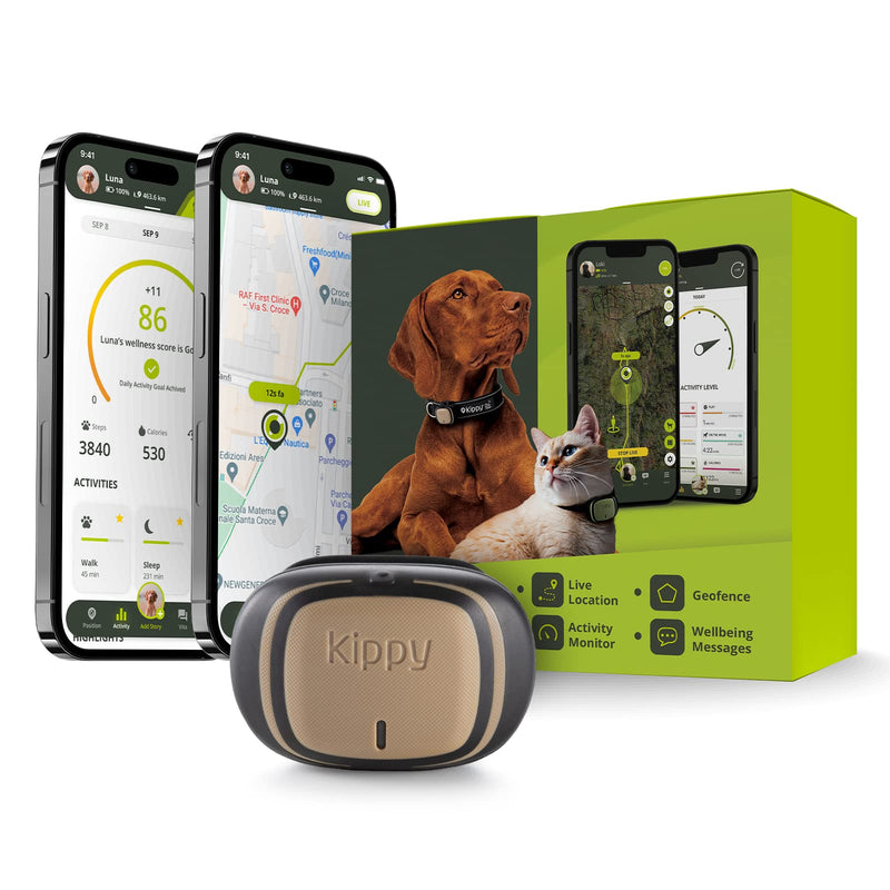 Kippy - GPS Tracker Collar Evo for Dogs and Cats - Health and Activity Tracker - GPS Tracker Cat, Dog - Waterproof GPS Tracker - Tracking Device with Instant Alarm and LED - Brown - PawsPlanet Australia