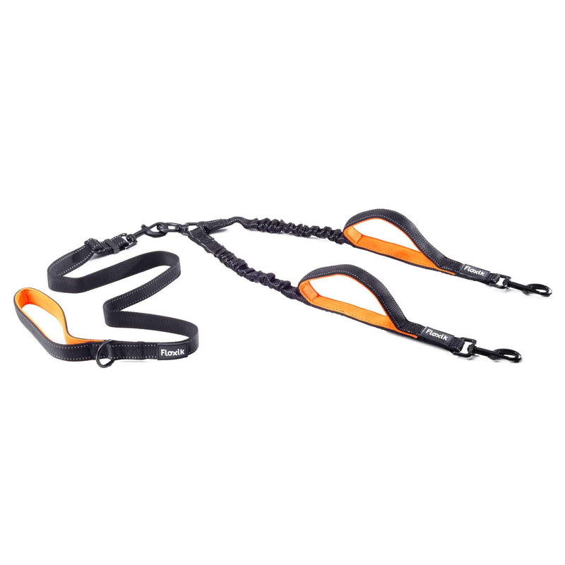 Floxik double leash complete set large | Flexible, reflective premium dog leash for two dogs to be coupled with a short holder, black, large - PawsPlanet Australia