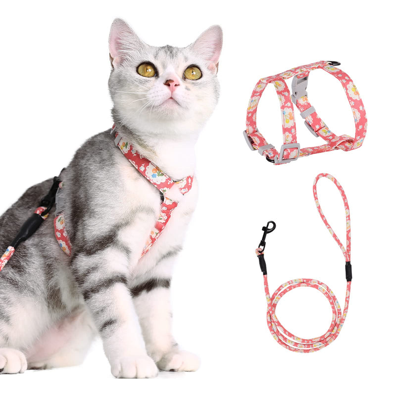 PETTOM floral pattern cat harness with leash cat leash with harness for cats with round lanyard escape-proof adjustable chest strap suitable for small and medium cats S pink - PawsPlanet Australia