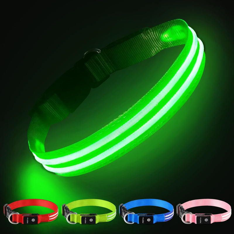 PcEoTllar Luminous Rechargeable Dog Collar, Luminous Dog Collar, Waterproof Adjustable Flashing Light LED Collar Dog for Small Medium Large Dogs, Visibility in the Dark, Green - LL(48-60cm/19-23.6inch) - PawsPlanet Australia
