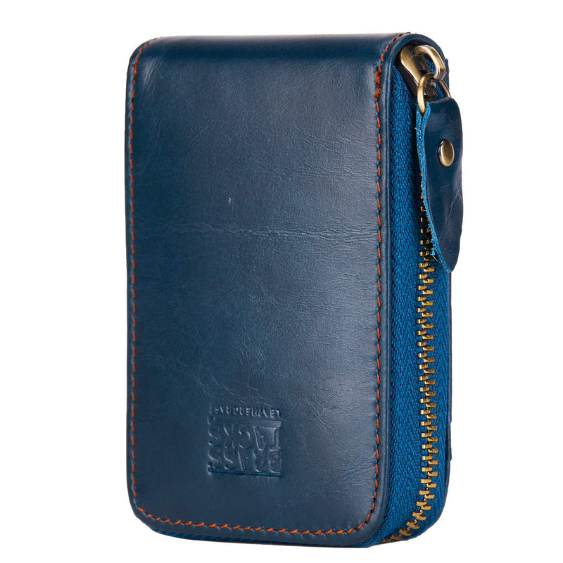 BRASS TACKS Leathercraft Vintage Craft Full Leather Front Pocket Wallet RFID Blocker Wallet Multi Card Slots Zipper Men Women Shipped with Box M Navy Blue - PawsPlanet Australia