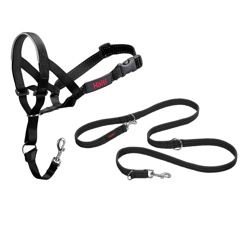Halti halter and training leash combination pack, stops the dog while walking with Halti, including collar size 5 and double leash black - PawsPlanet Australia