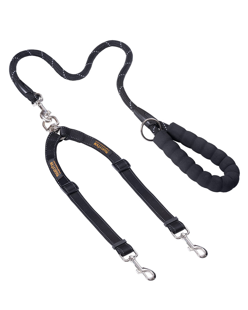 Mighty Paw Two dog leash with rope handle, double dog leash, double dog leash, multiple dog leash for 2 dogs, double leash for dogs, 2 dog leashes, leash clutch black - PawsPlanet Australia