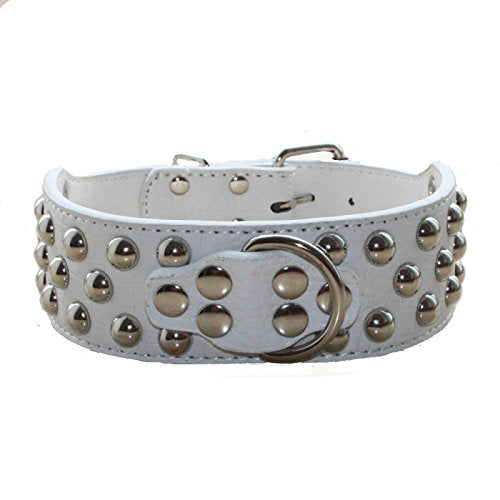 haoyueer 2" Wide 3 Row Studded Leather Dog Collar for Medium Large Dogs Pitbull Mastiff Boxer Bully etc (XL, White) - PawsPlanet Australia
