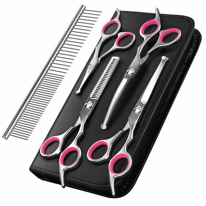 Pawaboo Dog Grooming Scissors Set, 5 Pieces Professional Dog Grooming Scissors Combing Grooming Scissors with Round Safety Tip for Pets Dogs Cat Thinning Scissors Hair Care Grooming Cutting - Pink - PawsPlanet Australia