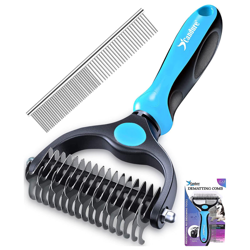 Candure Dog Brush Long Hair and Cat Brush Double Sided 9+17 Stainless Steel Undercoat for Small and Large Dogs, Removing Detangling Knots and Short Hair Breeds (Blue) Blue - PawsPlanet Australia