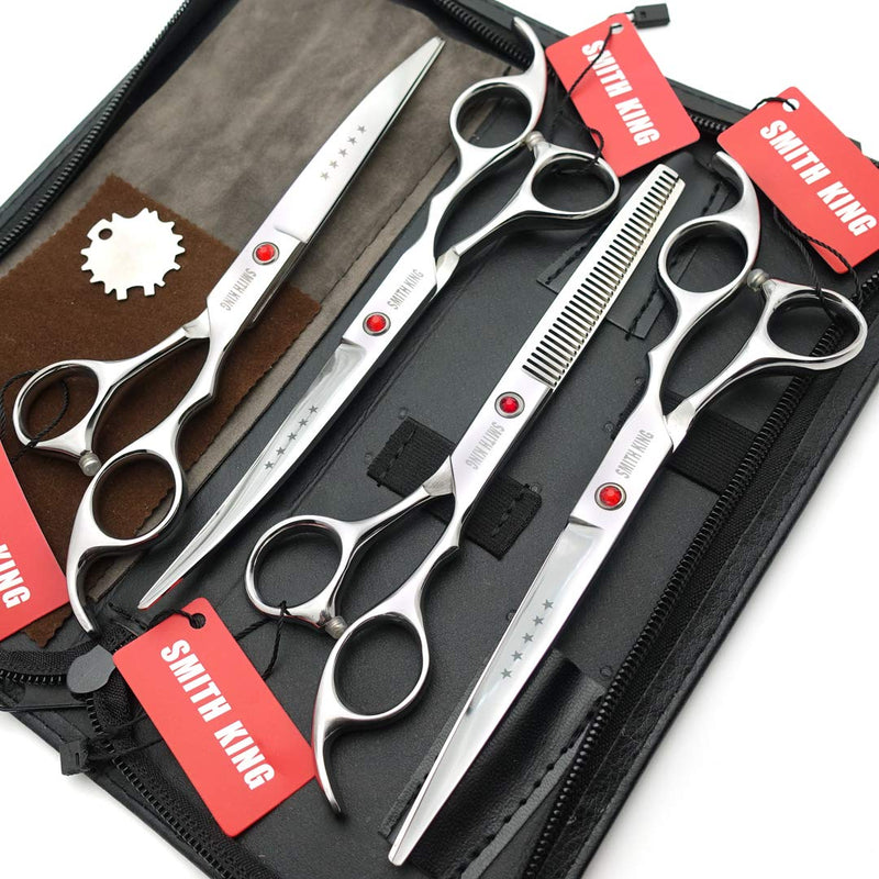 SMITH KING 7 Inch Dog Grooming Scissors Set Dog Straight Scissors & Thinning Scissors & Curved Scissors 4pcs Set Silver - PawsPlanet Australia