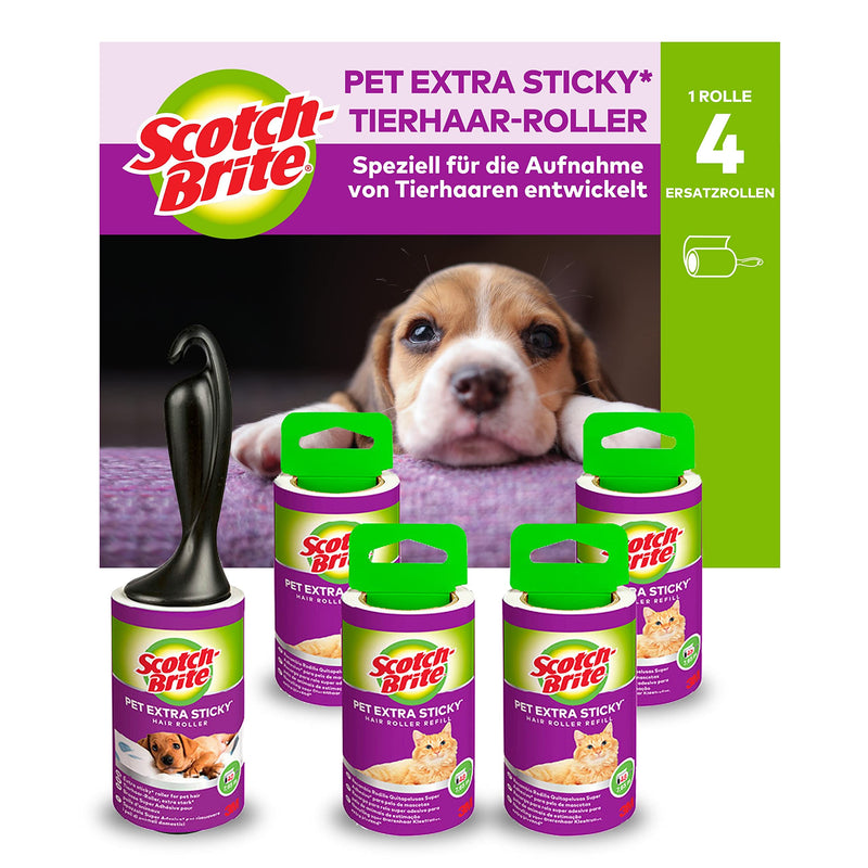 Scotch-Brite Pet Extra Sticky* Pet Hair Roller, 48 Sheets + 4 Scotch-Brite Pet Extra Sticky* Pet Hair Replacement Rolls, 48 Sheets, 5 Rolls - 240 Sheets per Pack Extra Strong Combo Pack - PawsPlanet Australia