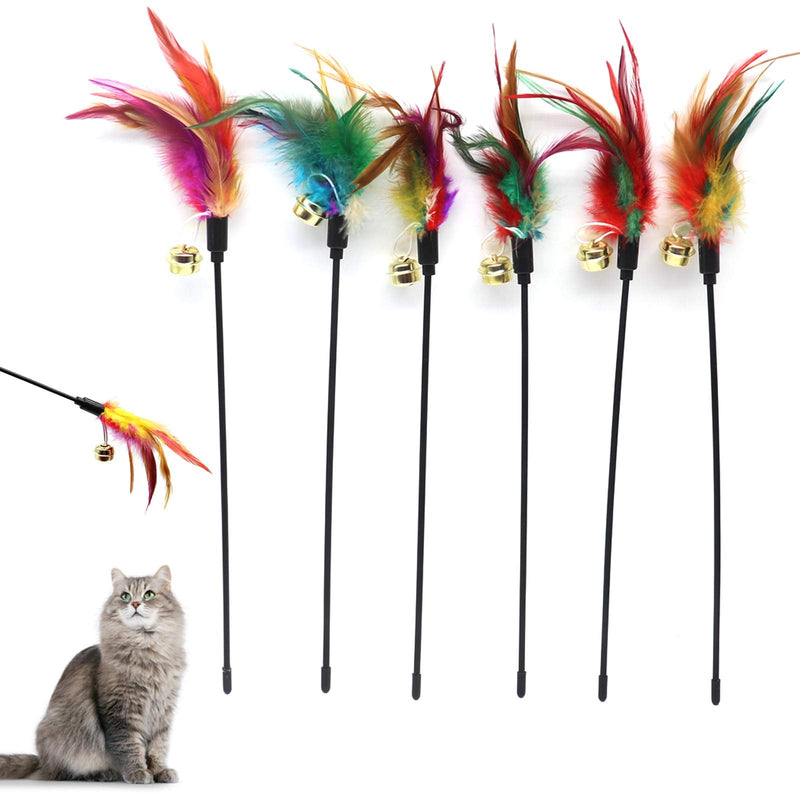 6 Pcs Cat Feather Wand Toys, Cat Color Varied Feather Teaser Practice Stick, Colorful Feathers Bell Toys for Cats and Kittens - PawsPlanet Australia