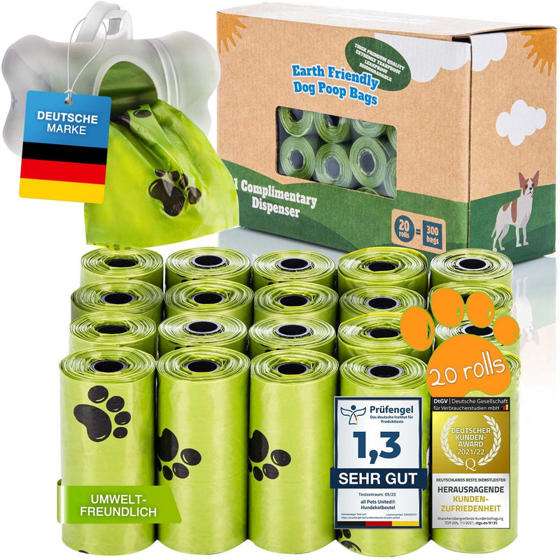 BI0 Dog poop bags with dispenser Compostable poop bags for dogs with dog poop bag dispenser 100% biodegradable dog poop bags with leash holder (300 bags: 20 rolls + 1 dispenser) 300 bags: 20 rolls + 1 dispenser - PawsPlanet Australia