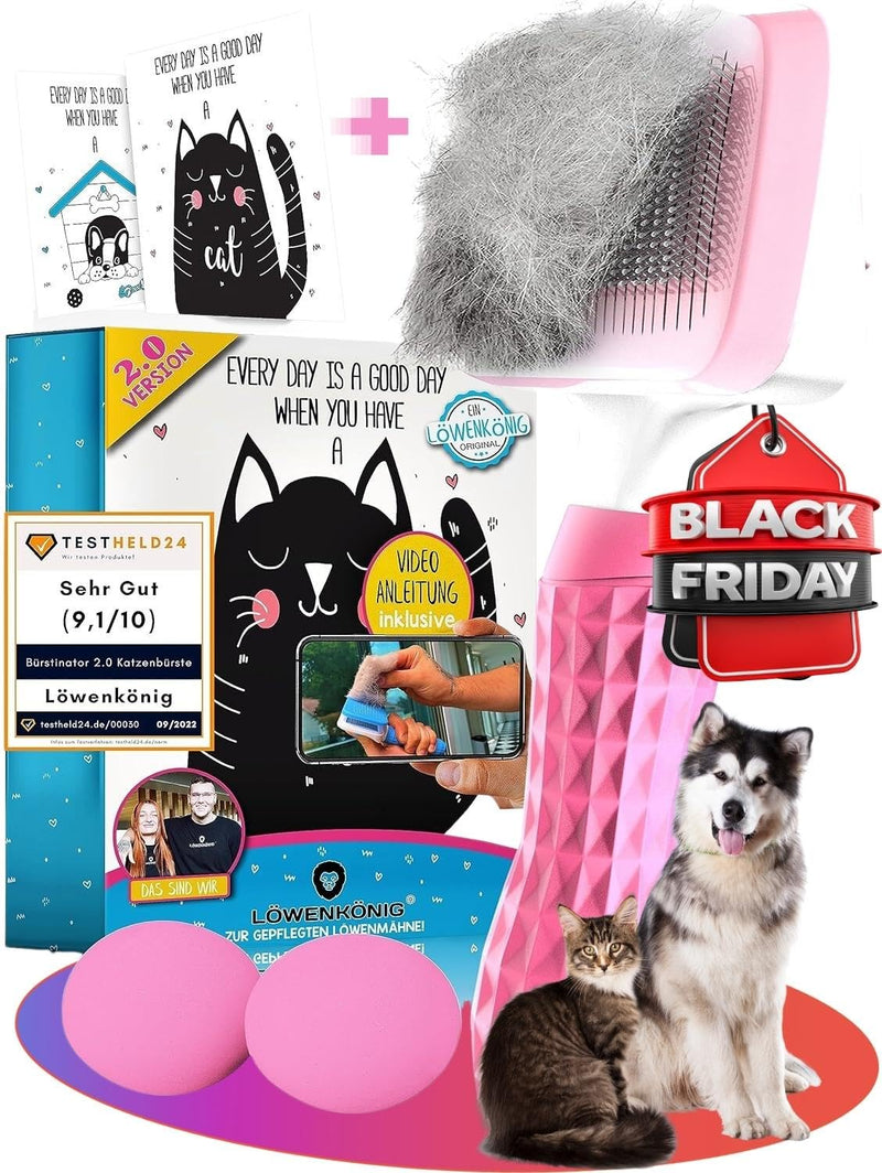 LÖWENKÖNIG® BÜRSTINATOR 2.0 Premium Cat Brush & Dog Brush Self-Cleaning for Short-Hair & Long-Hair Animals I Pet Brush Large, Fur Brush Removes Loose Undercoat & Matted Dog & Cat Hair Pink + Plush Balls & Accessories - PawsPlanet Australia