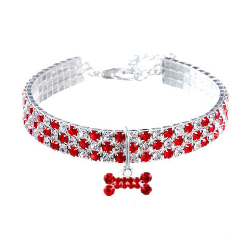 RayMinsino Pet Collar with Diamonds, Adjustable Crystal Diamond Elastic Bone Pendant Wedding Cat and Dog Small Pet Necklace Jewelry S Red - PawsPlanet Australia