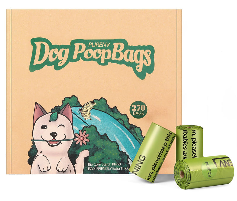 PURENV dog waste bags, biodegradable, 100% leak-proof and tear-resistant, environmentally friendly made from corn starch mixture (270 pieces). Flat bag 270 pieces - PawsPlanet Australia