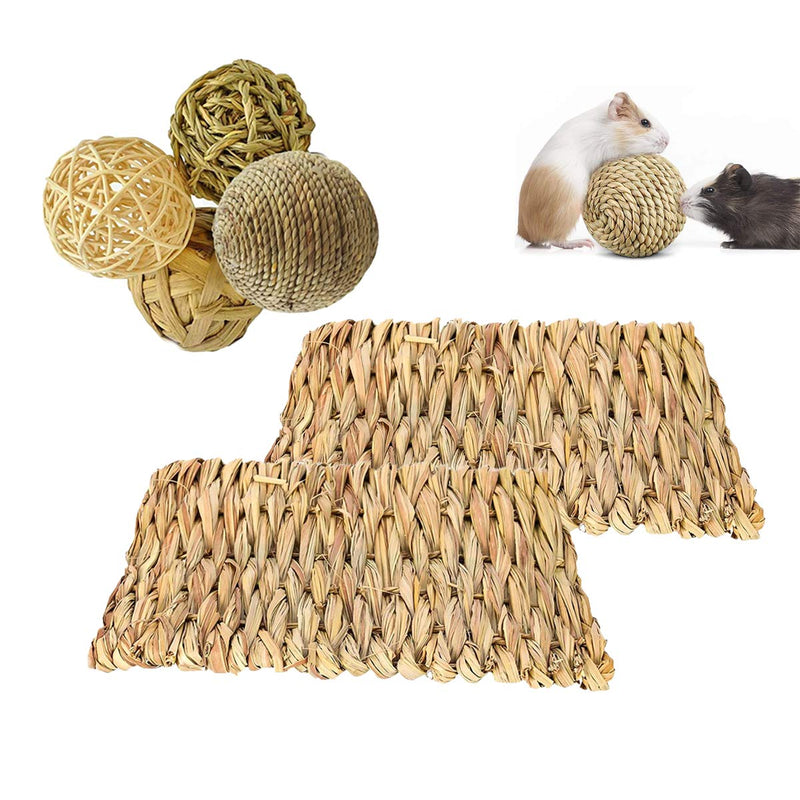 RoadLoo Small Pet Grass Mat, Pack of 2 Natural Grass Mats with 4 Chew Balls Small Animal Safe Edible Grass Mat Toy Woven Animal Chew Toy Small Animal Chew Toy for Rabbit Rat S - PawsPlanet Australia
