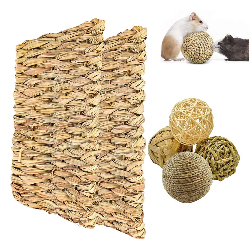 RoadLoo Small Pet Grass Mat, Pack of 2 Natural Grass Mats with 4 Chew Balls Small Animal Safe Edible Grass Mat Toy Woven Animal Chew Toy Small Animal Chew Toy for Rabbit Rat L - PawsPlanet Australia