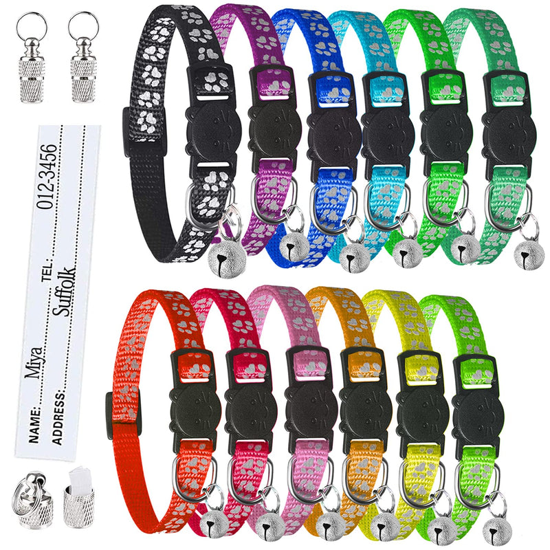Cat collar, cat collar with name address, cat collar with safety clasp and bell, reflective collar cat adjustable (12 pieces + 2 ID tag) - PawsPlanet Australia