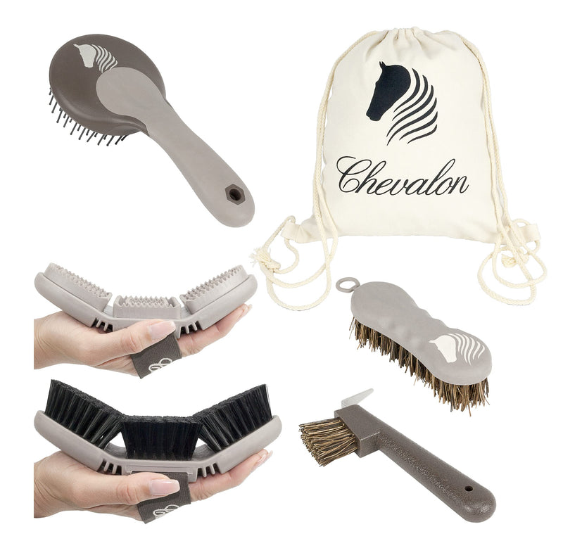 Chevalon horse grooming set | Flexible body brush | Weeder/massage brush | 2in1 hoof pick with stainless steel pick | Mane horse brush | Hoof brush | Grooming bag for horses accessories/horse cleaning kit set - PawsPlanet Australia