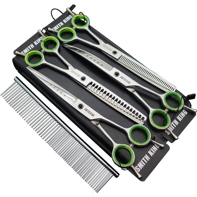 7.0 Inch Professional Dog Grooming Scissors Set Straight & Thinning & Curved & Chunker & Comb 5 Pieces in 1 Set for Left Handed & Right Handed Silver Color - PawsPlanet Australia