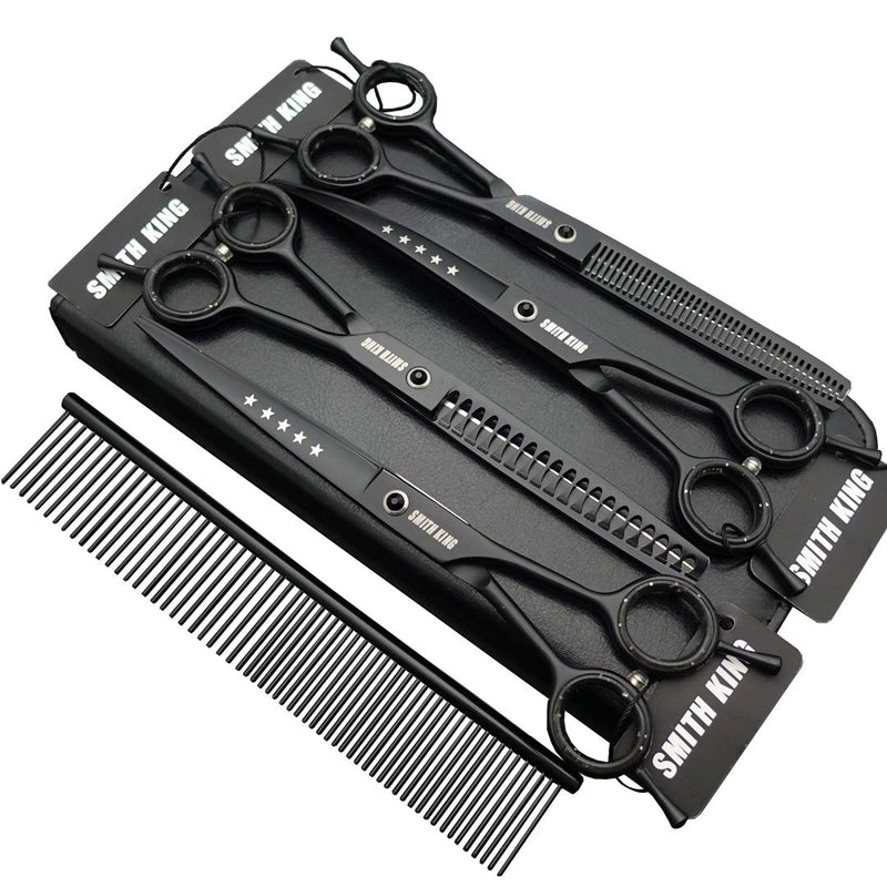 7.0 Inch Professional Dog Grooming Scissors Set Straight & Thinning & Curved & Chunker & Comb 5 Pieces in 1 Set for Left Handed & Right Handed Black - PawsPlanet Australia
